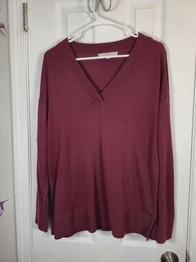 LOFT Maroon V-Neck Drop Shoulder Oversized Sweater M